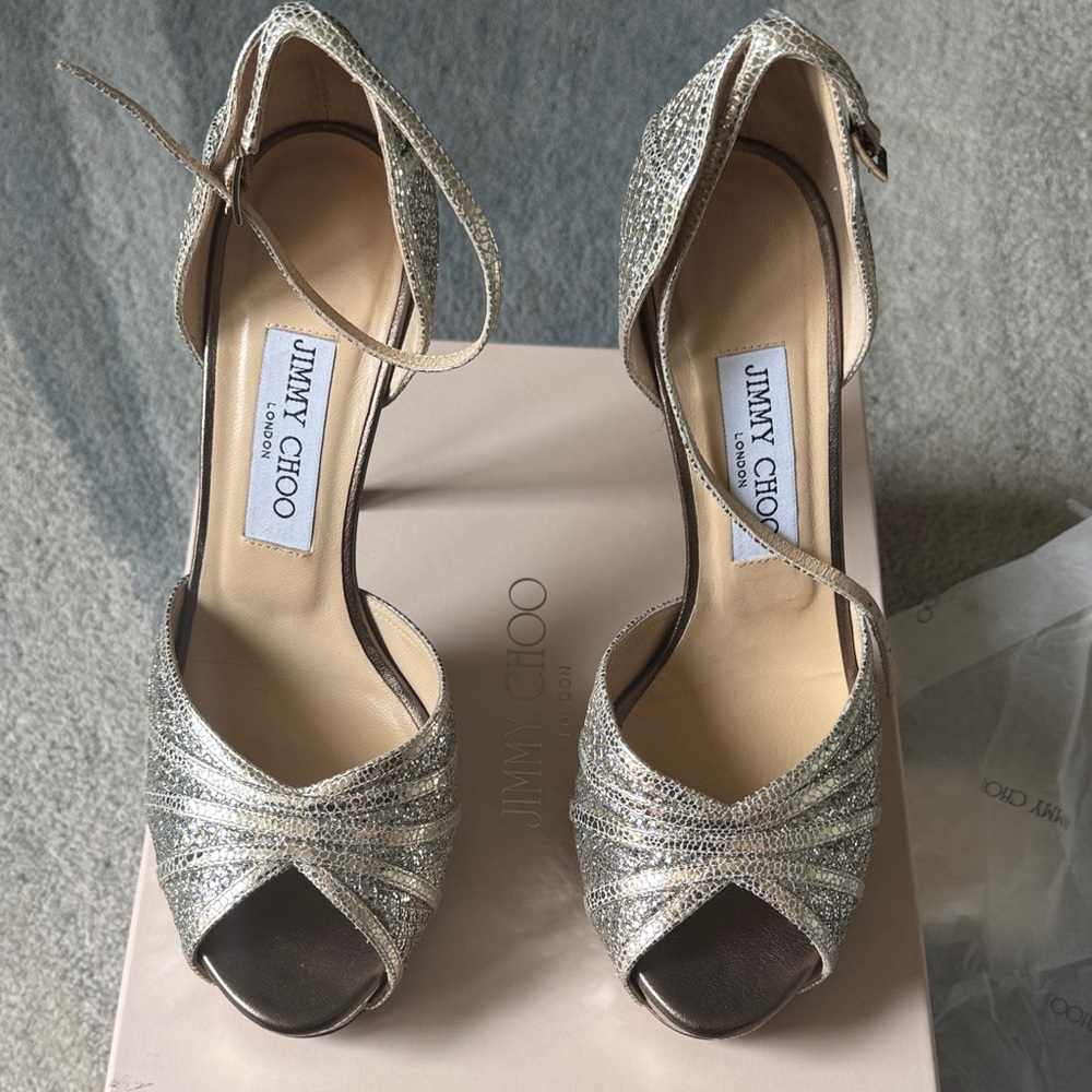 Jimmy Choo Glittering Silver Ankle Strap Heels
